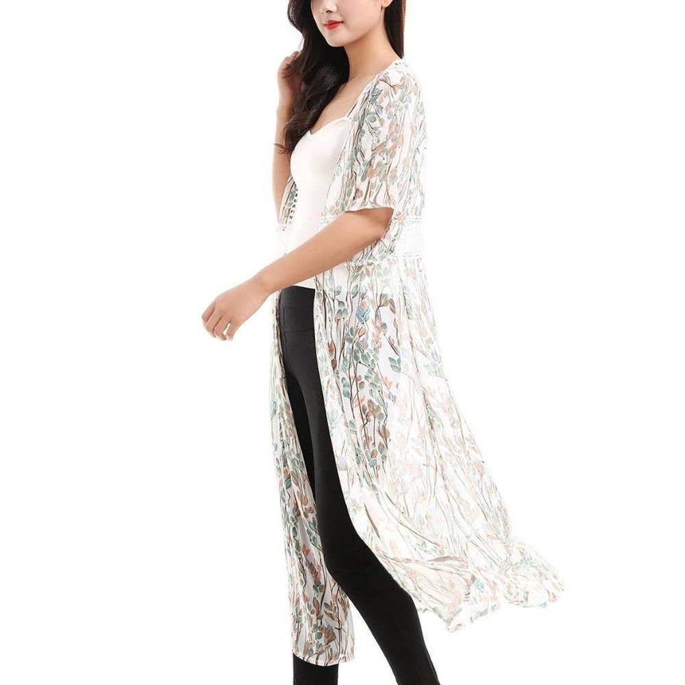 Sheer Floral White Maxi Kimono for Women